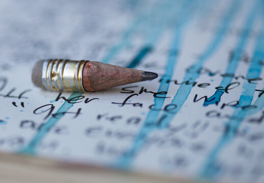 Extremely small and well loved pencil on a journal page of words
