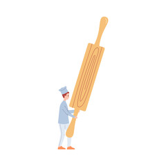 Baker in chef uniform with dough rolling pin, flat vector illustration isolated