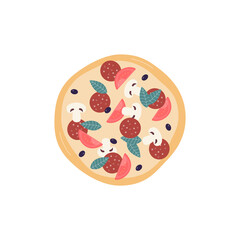 Top of whole pizza with sausage and mushrooms flat vector illustration isolated.