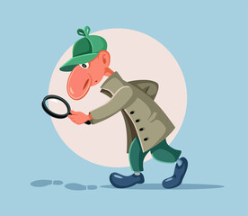 Funny Detective with Magnifying Glass Following Footprints