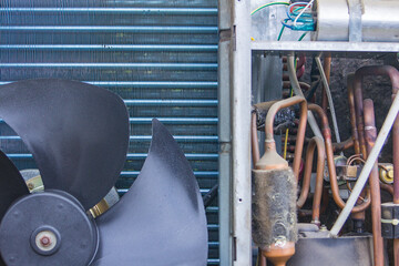 open air conditioner ready for cleaning and maintenance close-up, foreground and background blurred...