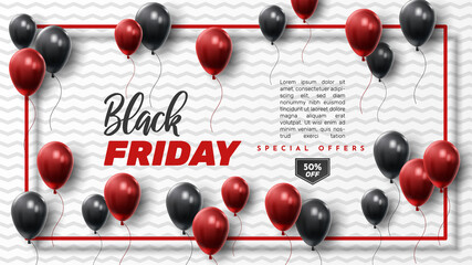 Black Friday Sale Poster with Shiny Balloons on Black and White Background. Universal vector background for poster, banners, flyers, card
