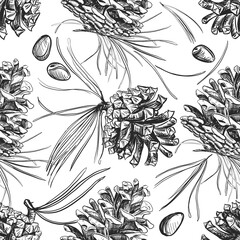 Detailed hand drawn black and white illustration seamless pattern of pine cone, leaf, seeds. sketch. Vector. Elements in graphic style label, card, sticker, menu, package.