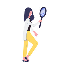 Woman looking through magnifying glass, cartoon girl from side view