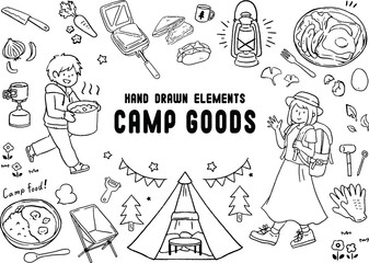 親子とキャンプグッズと料理イラスト