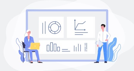Data analysis banner with people track statistics, flat vector illustration.