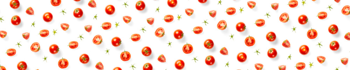 banner - creative background from red tomatoes. Abstract background. of isolated ripe Tomato on the white background not seamless pattern