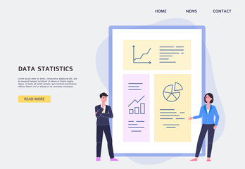 Website of data statistics with people watching graphs flat vector illustration.