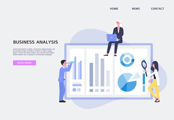Website interface for business analysis with people, flat vector illustration.
