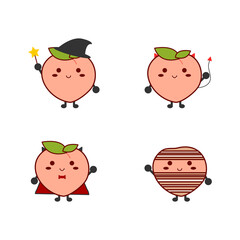 Happy Halloween. Characters of peachs, witches, devils, vampires and mummies. Cartoon cute style peach. Cartoon cute style peach. Illustration vector.
