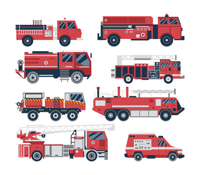 Fire engine and firetruck set - isolated red emergency vehicle collection