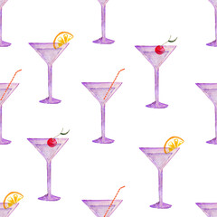 Watercolor seamless cocktail pattern . Sweet alcoholic drink for dessert.