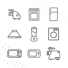 Kitchen electrical equipment line icon set with tea kettle, blender, fridge, gas stove, microwave,