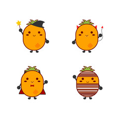 Happy Halloween. Characters of pineapples, witches, devils, vampires and mummies. Cartoon cute style pineapple. Illustration vector.