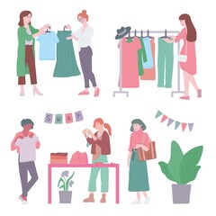 Fashion swap party set of female characters, flat vector illustration isolated.