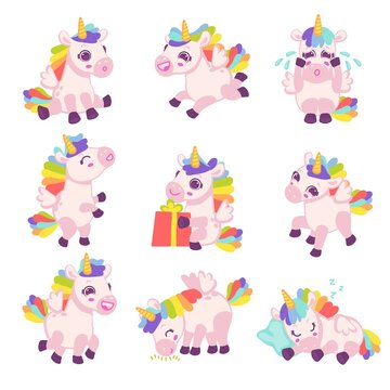 Set of unicorns in different poses, flat cartoon vector illustration isolated