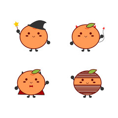 Happy Halloween. Characters of Oranges, witches, devils, vampires and mummies. Cartoon cute style orange. Flat cartoon orange. Illustration vector.