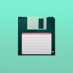 Retro Floppy disk isolated on blue background, pop art design, close up