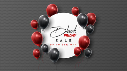 Black Friday Sale Poster with Shiny Balloons on Black and White Background. Universal vector background for poster, banners, flyers, card