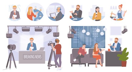 TV live news show scenes and characters set flat vector illustration isolated.