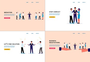Conflict mediation and business negotiation website banner set - obrazy, fototapety, plakaty