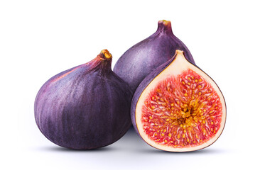 Three figs isolated on a white background. Two whole and half. Purple fruits.