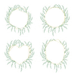 silver dollar eucalyptus leaf wreath with luxury golden frame and glitter collection isolated on white background