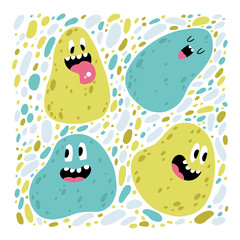 Slime characters set. Funny faces with different emotions of colorful monsters in a simple hand-drawn style. Vector childish illustration isolated on white background. © Svitlana Kharchuk