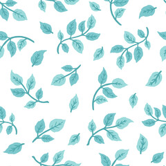 Blue leaves seamless pattern. Vector modern hand drawn illustration on white background. Colorful plants in pastel palette for your designs, invitations, textiles, etc