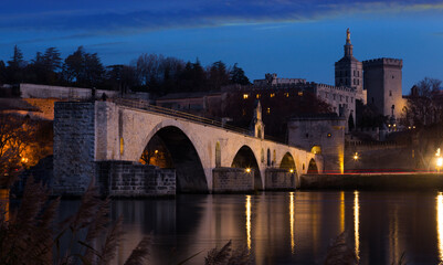Avignon Bridge with Popes Palace, Pont Saint-Benezet at evening over Rhone river