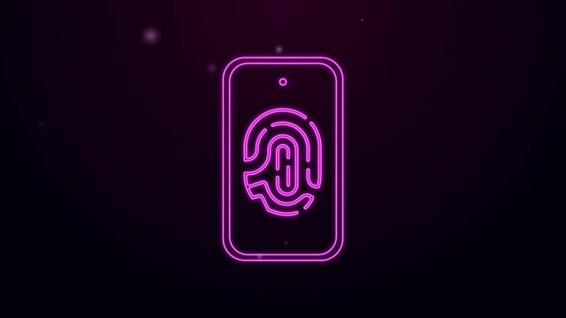 Glowing neon line Smartphone with fingerprint scanner icon isolated on purple background. Concept of security, personal access via finger on mobile. 4K Video motion graphic animation.
