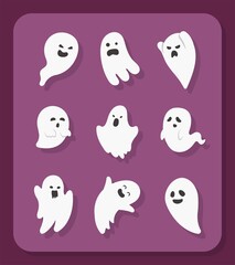 9 kinds of cute ghosts, cartoon comic vector illustration, isolated, set