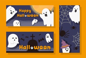 Halloween ghost poster set, card flat design, cartoon comic vector illustration