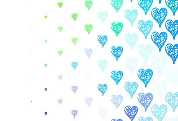 Light Blue, Green vector background with hearts.