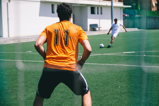 Keeper in a goal during a soccer match