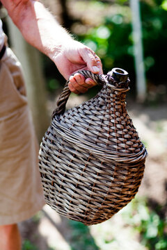 Man holding an old demijohn in the garden