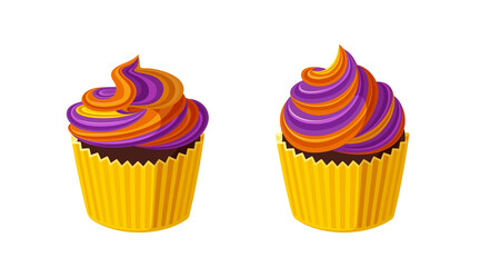 Halloween cupcakes with swirled icing. Muffins with violet and orange frosting for Halloween party. Vector illustration in cute cartoon style