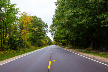 View of road with trees on a sunny day in early fall. Fall color in Michigan