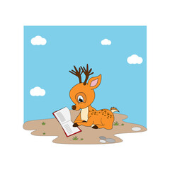 cute deer reading a book, simple vector illustration design