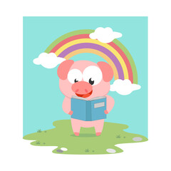 Obraz na płótnie Canvas cute pig reading a book, simple vector illustration design