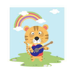 cute tiger play guitar, simple vector illustration design