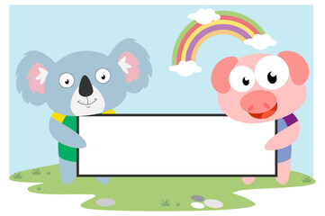 cute animal cartoon hold a white board, simple vector illustration design