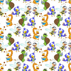 seamless pattern design with cute animal cartoon ornament, copy space