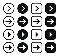 Arrow icon set. Direction control button. Menu navigation pointer symbol. Web interface and application indicator sign. Simple flat shape logo. Vector illustration image.