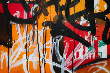 Graffiti tags and paint on building exterior