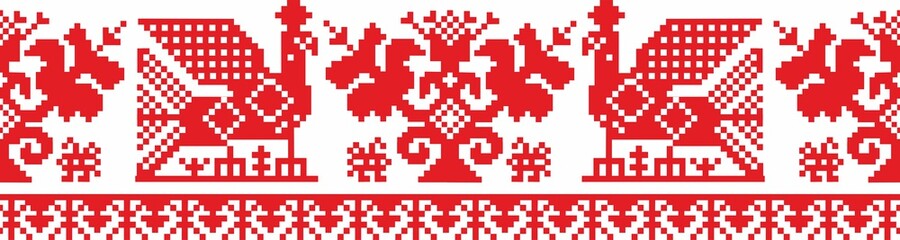 Russian pattern with flowers and birds. Russian pattern for for embroidery with red thread, Bright and fashionable pattern. Slavic seamless pattern, traditional ethnic ornament.
