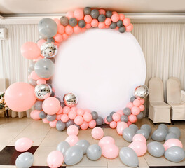 Close up the photo zone from pink and grey balloons with white copy space for your text.