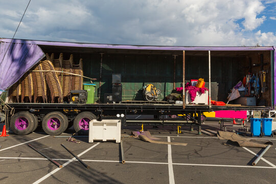 Circus crew unpacking equipment
