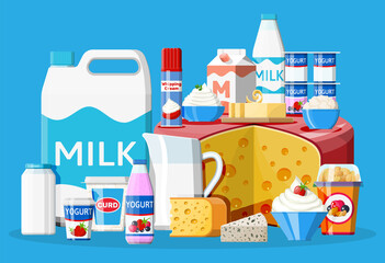 Dairy products set. Collection of milk food. Milk, cheese, yogurt, butter, sour cream, cottage, cream and curd. Traditional farm products isolated on blue. Vector illustration in flat style
