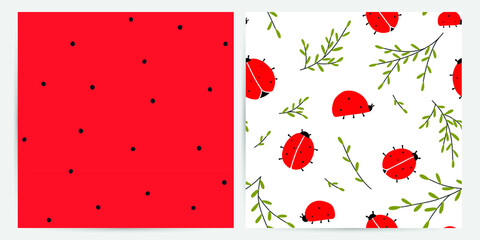 Red ladybug with black dot seamless pattern set with botany filling vector images. Cartoon insect repeat design for toddler girl clothing, fabric or gift wrapping. © Letters Patterns etc